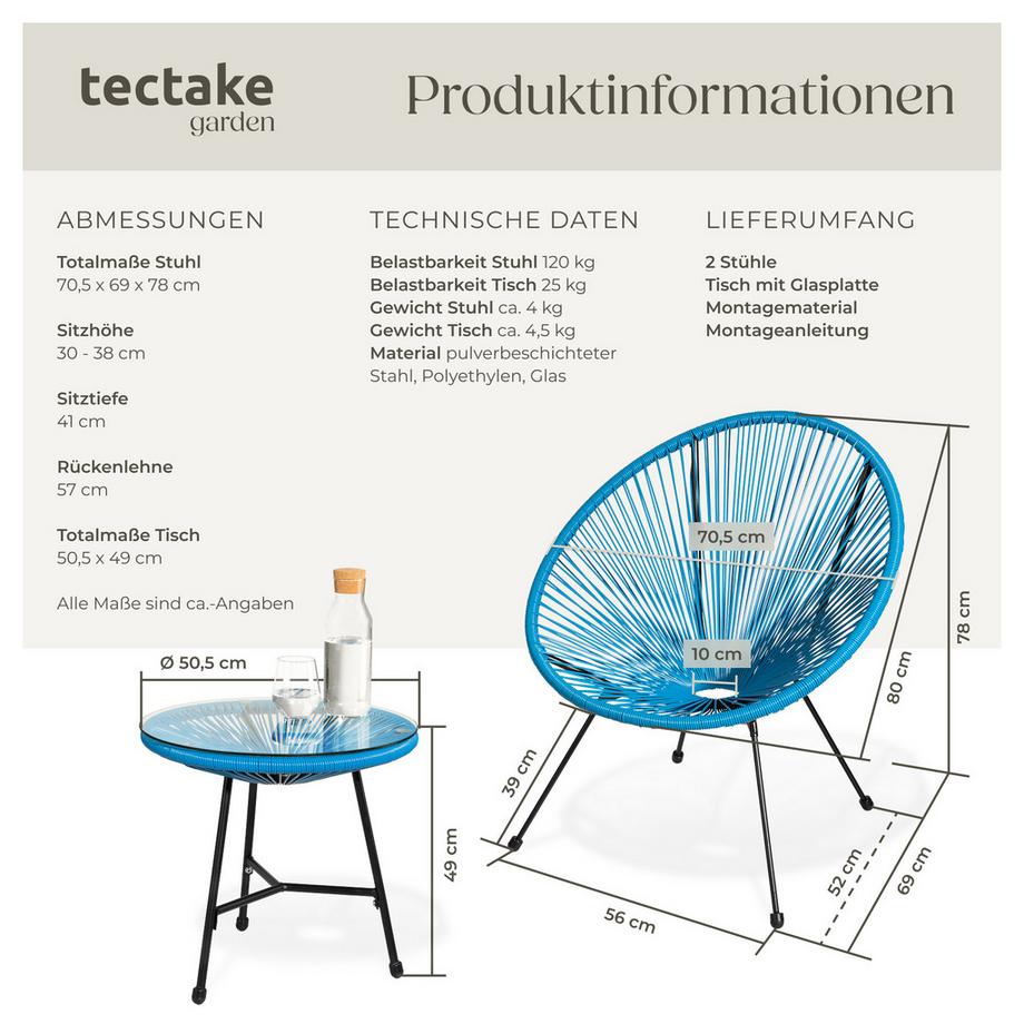 Tectake 2 Gartenstühle Santana mit Tisch  Retro-Design im Acapulco-Stil widerstandsfähig  