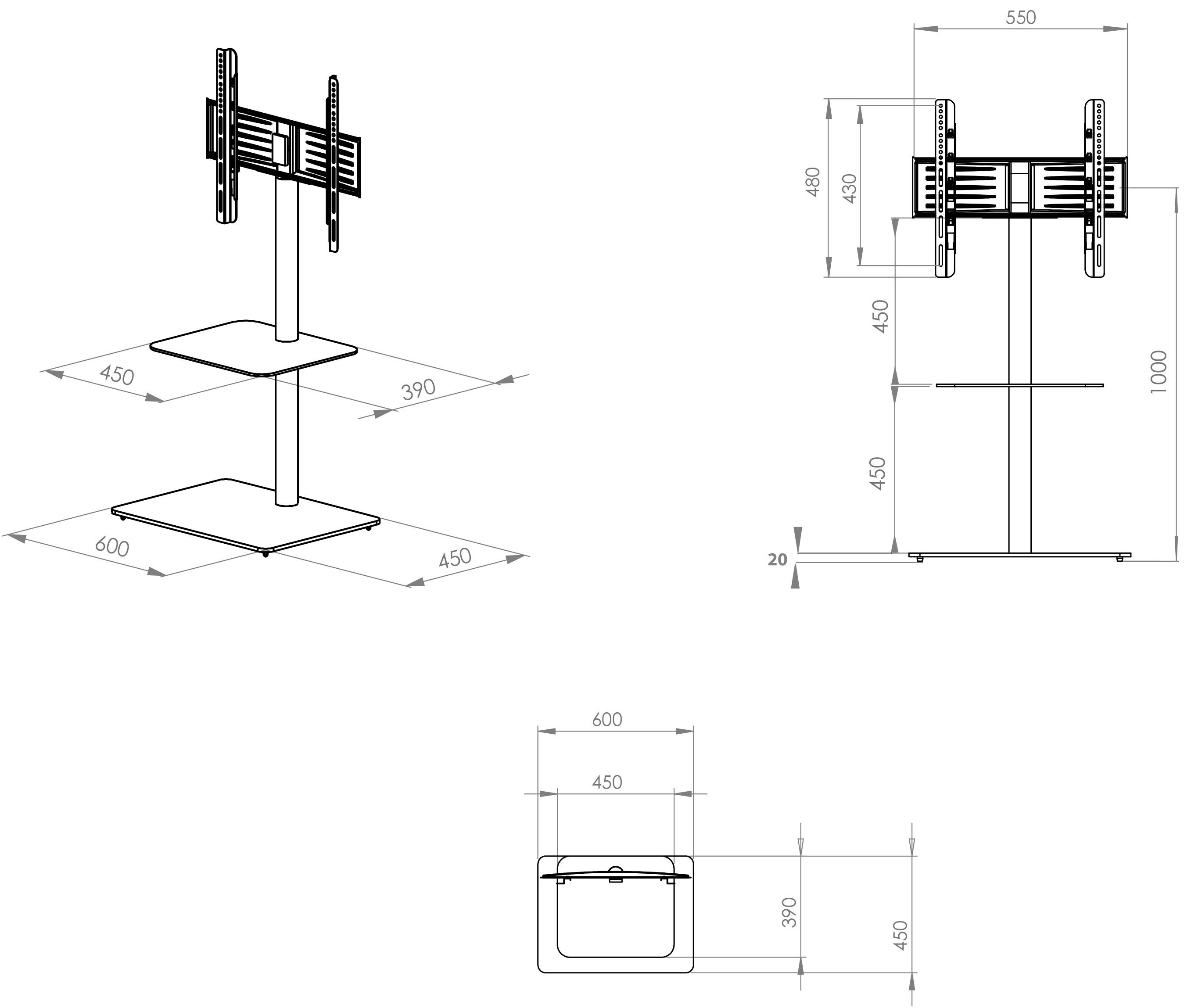 VCM TV Standfuß mit Zwischenboden |  Alu Rack Fernseh | ESG-Sicherheitsglas | Maße ca. H. 100 x B. 60 x T. 45 cm - Alani  