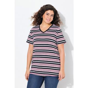 Maglia classica con righe, scollo a V e mezze maniche