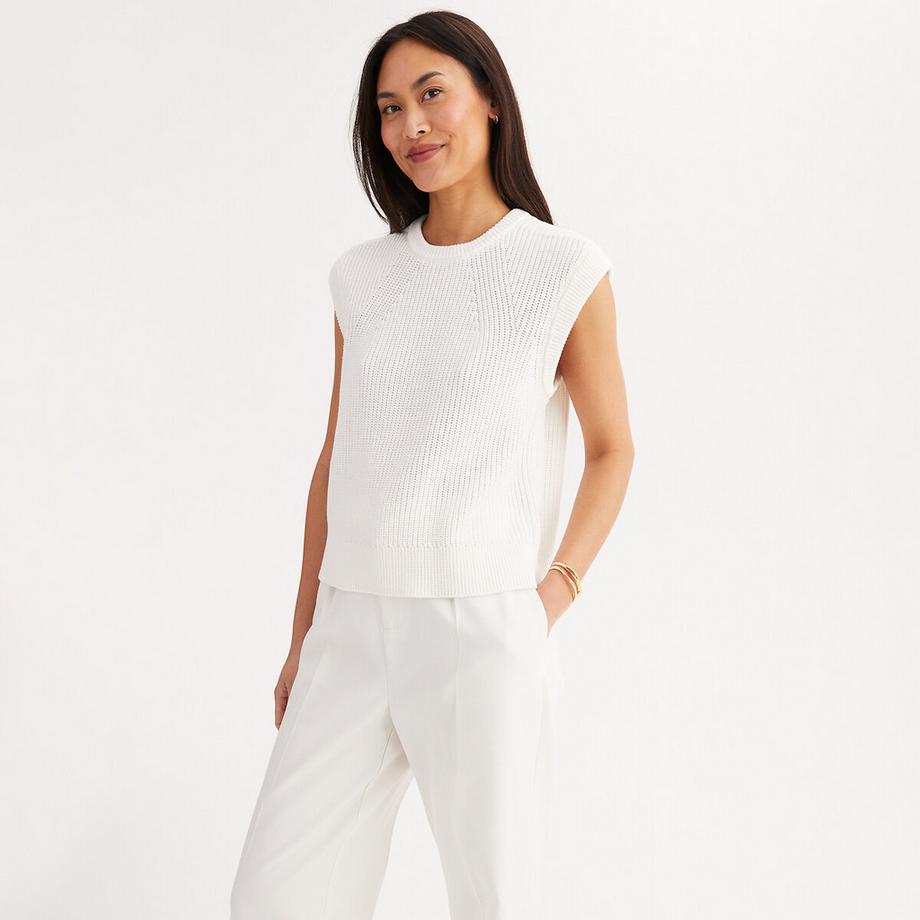 Ärmelloser Pullover mit Rundhalsausschnitt aus grobem Rippenstrick aus reiner Baumwolle