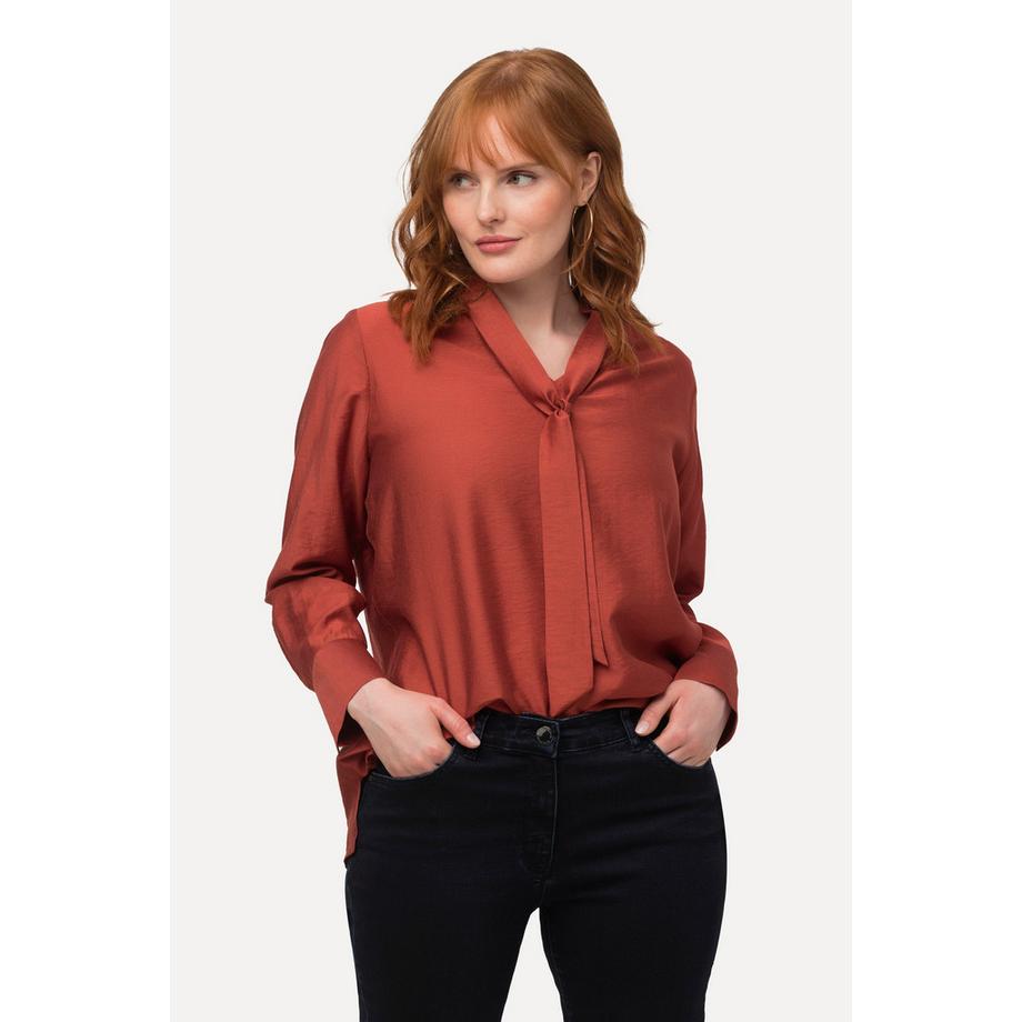 Ulla Popken Blouse à Lavallière Micro-Rayures Col V Manches Longues  