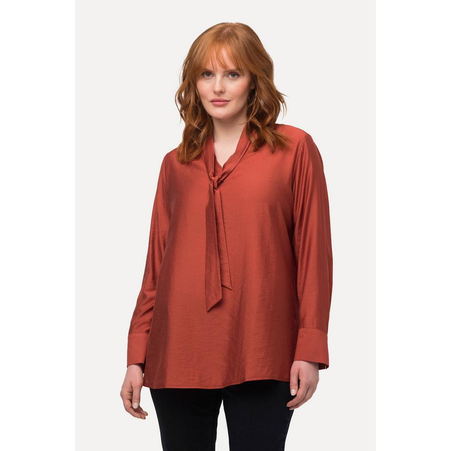 Ulla Popken Blouse à Lavallière Micro-Rayures Col V Manches Longues  