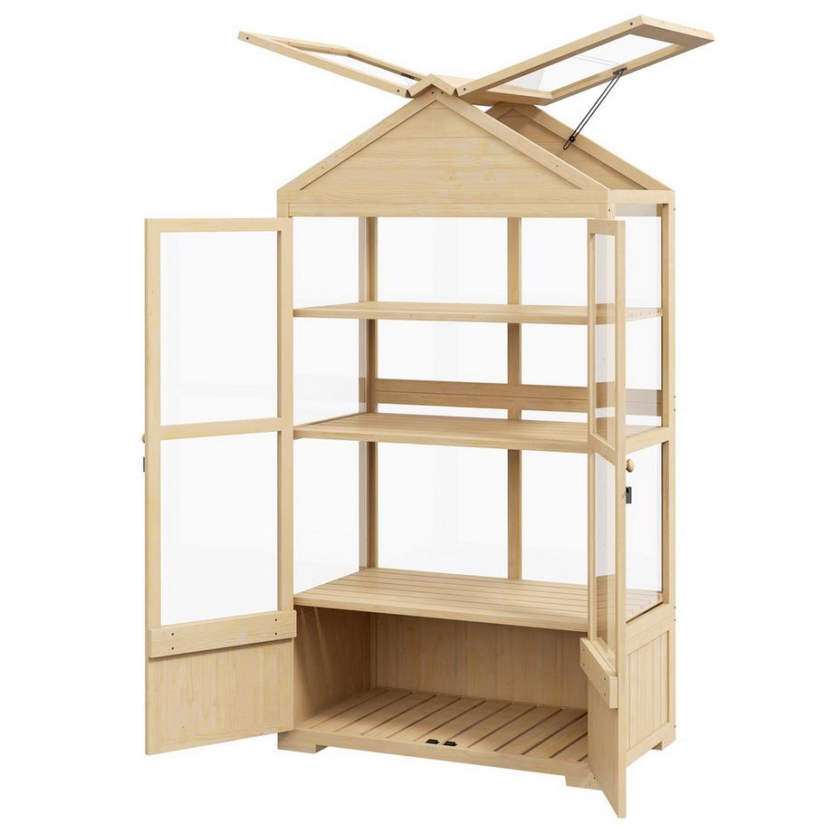 Frühbeet Aus Holz Abschließbar Gewächshaus Treibhaus Mit 4 Ebenen, Dachfenster, Frühbeetkasten Mit Doppeltür, Für Garten, Balkon, Natur