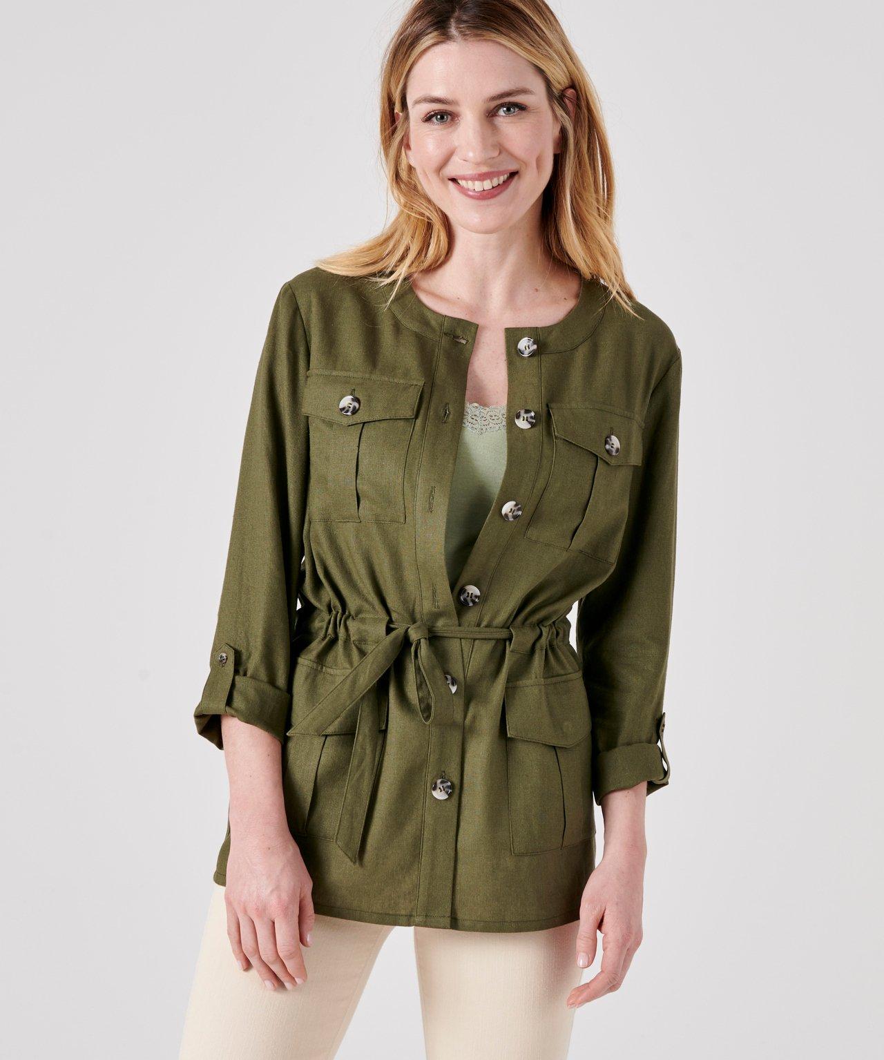 Image of Safari-jacke Aus Leinenmix, Rundhalsausschnitt, Durchgehende Knopfleiste Mit Knöpfen In Horn-optik. Unisex Grün 42