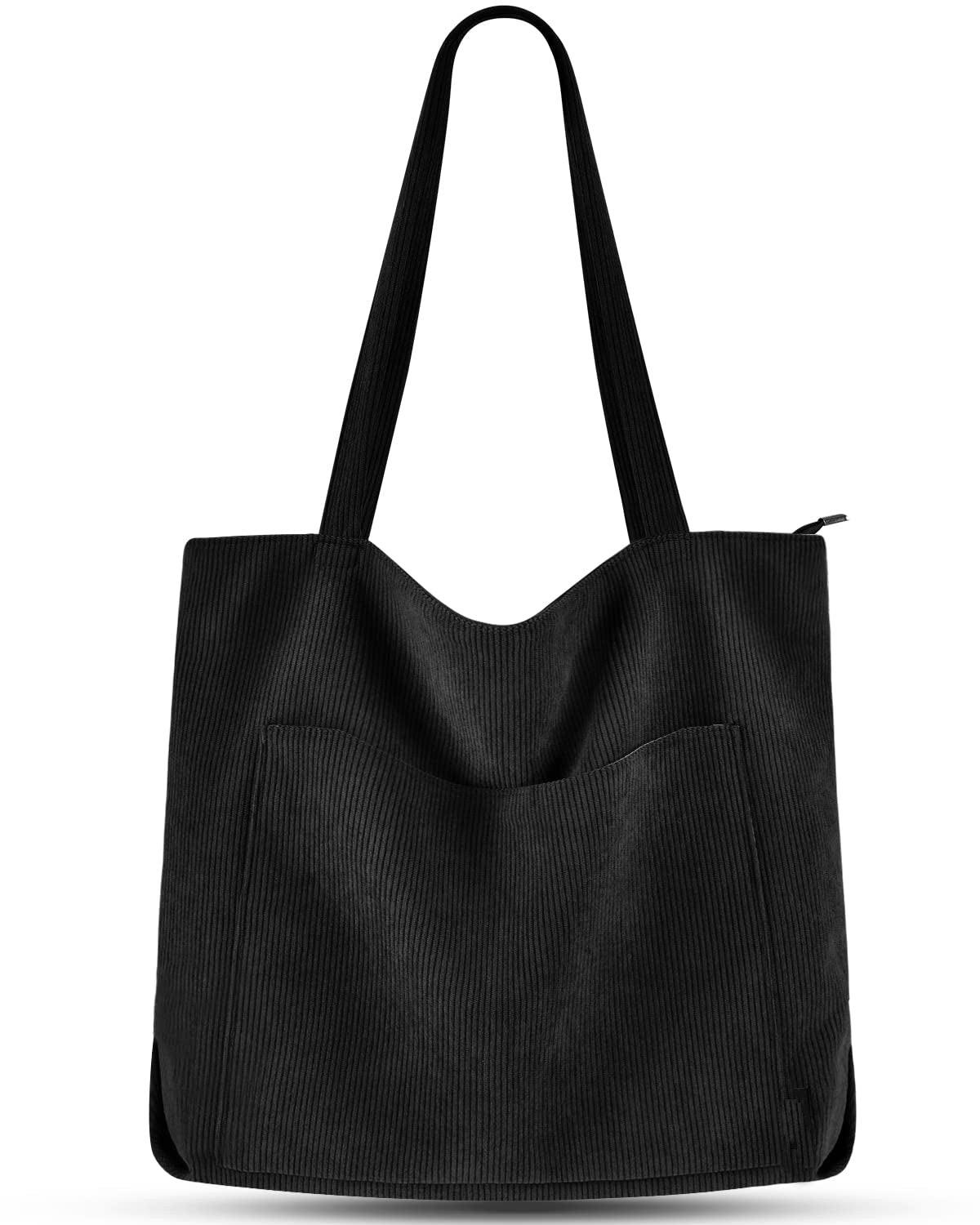 Image of Cord Tasche Umhängetasche Mit Reißverschluss, Groß Shopper Tasche Tote Bag Handtasche Damen Schwarz ONE SIZE