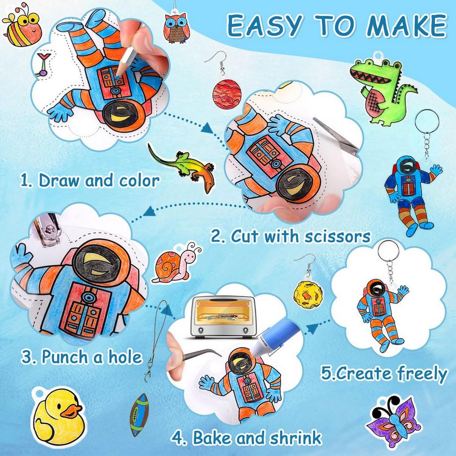 Activity-board  Schrumpffolien-Set zum Basteln, inklusive A5-Schrumpffolienpapier, Schlüsselring, Bleistifte, Locher, Pinzette für DIY 