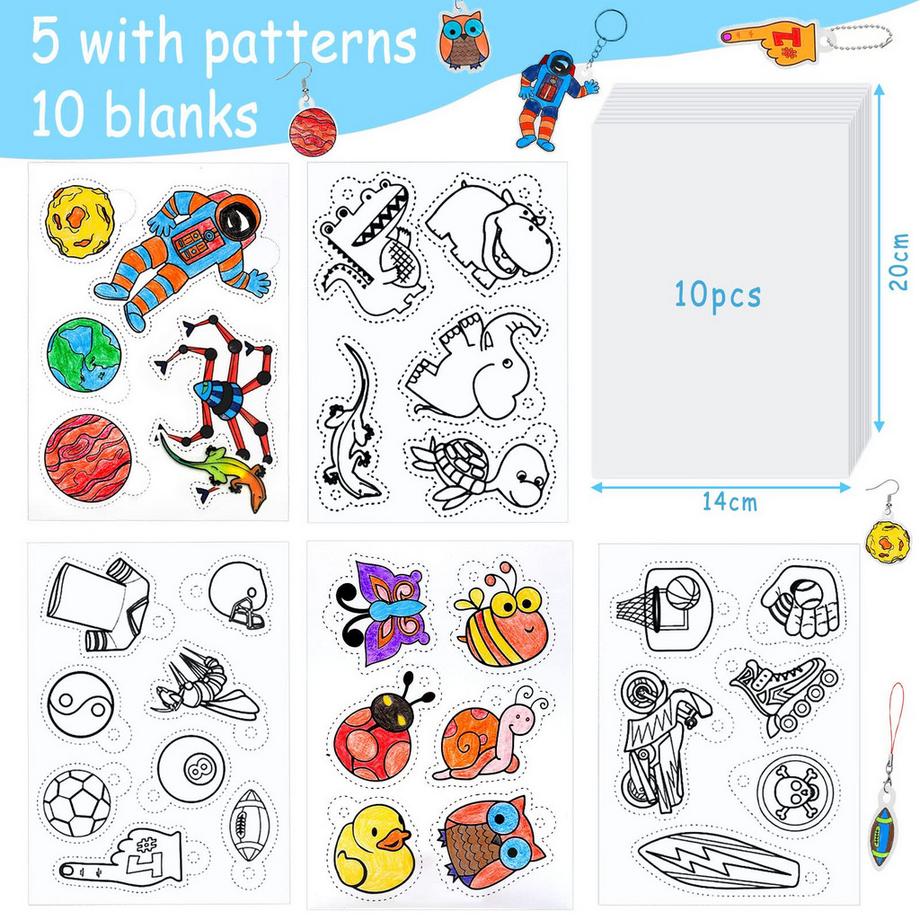 Activity-board  Schrumpffolien-Set zum Basteln, inklusive A5-Schrumpffolienpapier, Schlüsselring, Bleistifte, Locher, Pinzette für DIY 