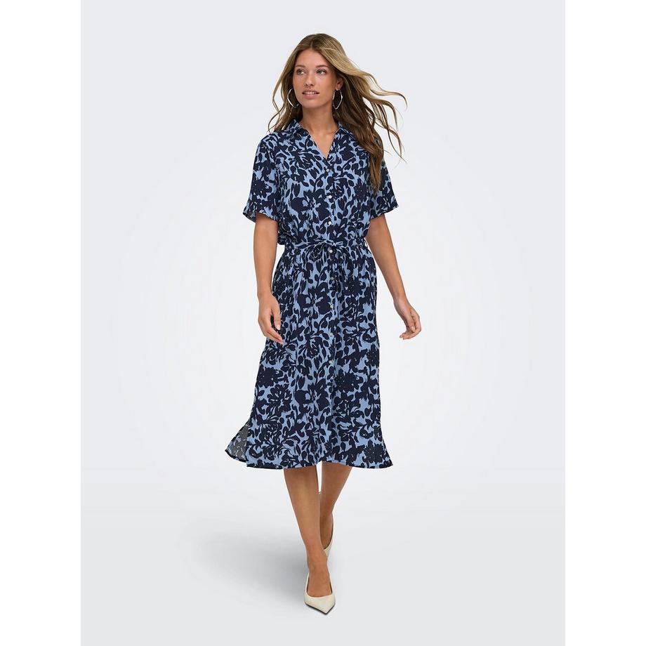 Bedrucktes langes Kleid mit kurzen Ärmeln und Gürtel