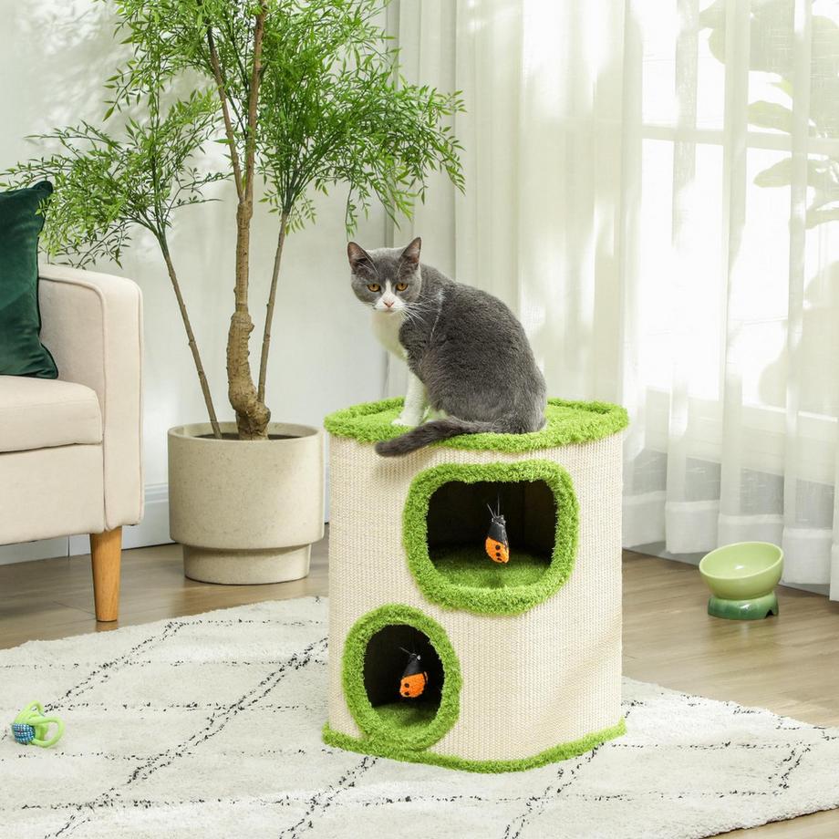 Northio  Tiragraffi alto 52 cm, botte per gatti con 2 grotte, tiragraffi con giocattoli per coccinelle, torre per gatti in sisal, per gatti fino a 5 kg, verde + bianco crema 