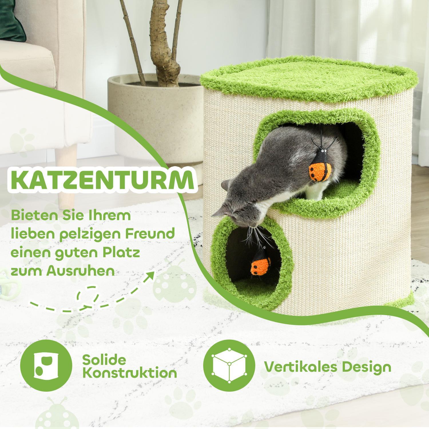 Northio  Tiragraffi alto 52 cm, botte per gatti con 2 grotte, tiragraffi con giocattoli per coccinelle, torre per gatti in sisal, per gatti fino a 5 kg, verde + bianco crema 