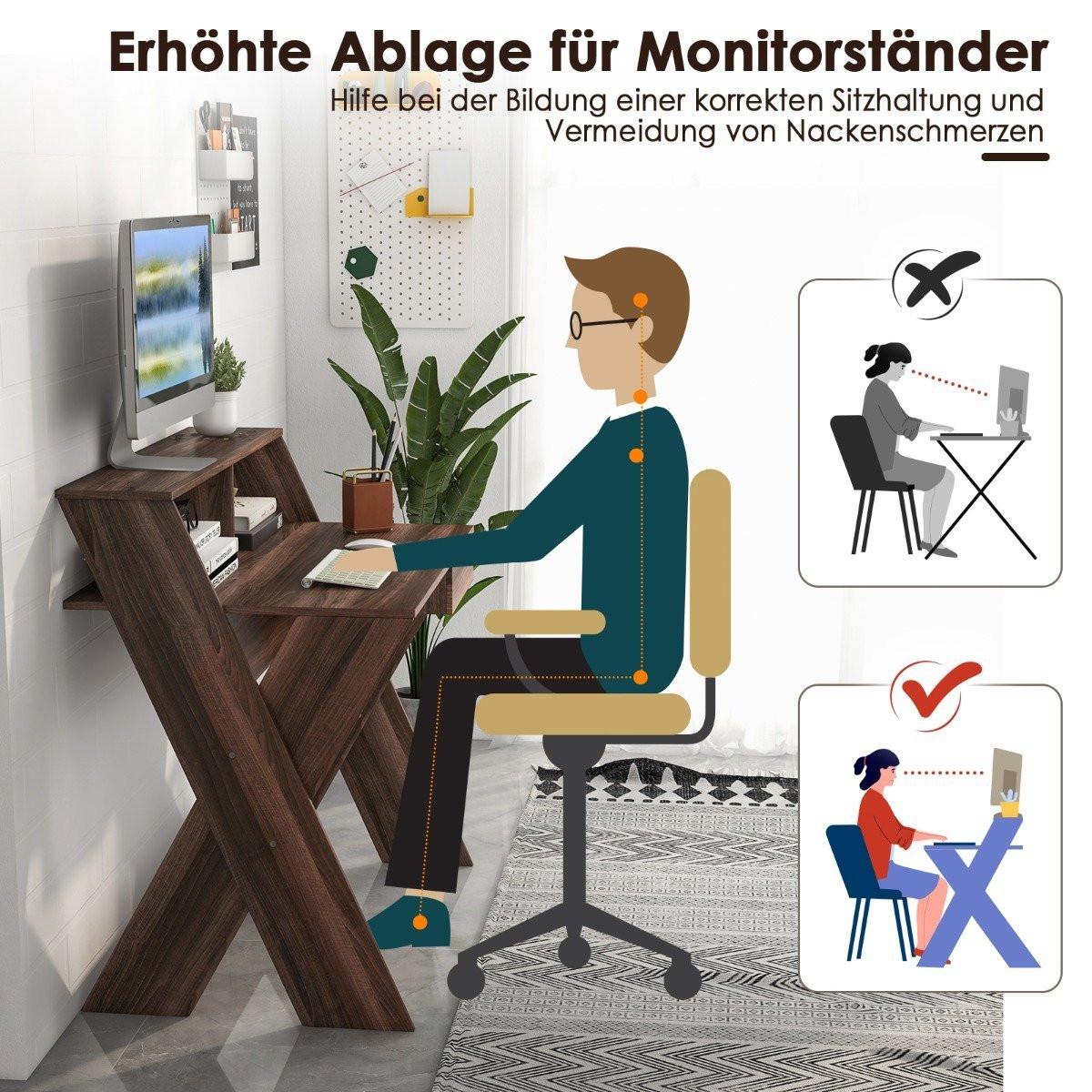 B2X Scrivania per computer a forma di X con cassetto e alzata per monitor in noce  