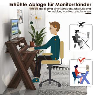 B2X Scrivania per computer a forma di X con cassetto e alzata per monitor in noce  