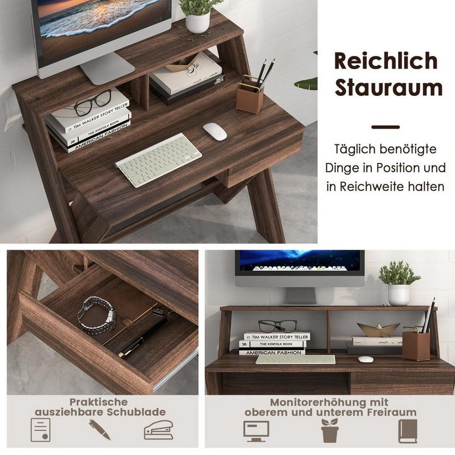 B2X Scrivania per computer a forma di X con cassetto e alzata per monitor in noce  