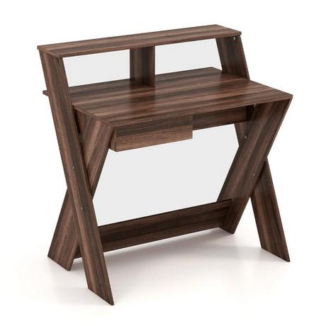 B2X Scrivania per computer a forma di X con cassetto e alzata per monitor in noce  