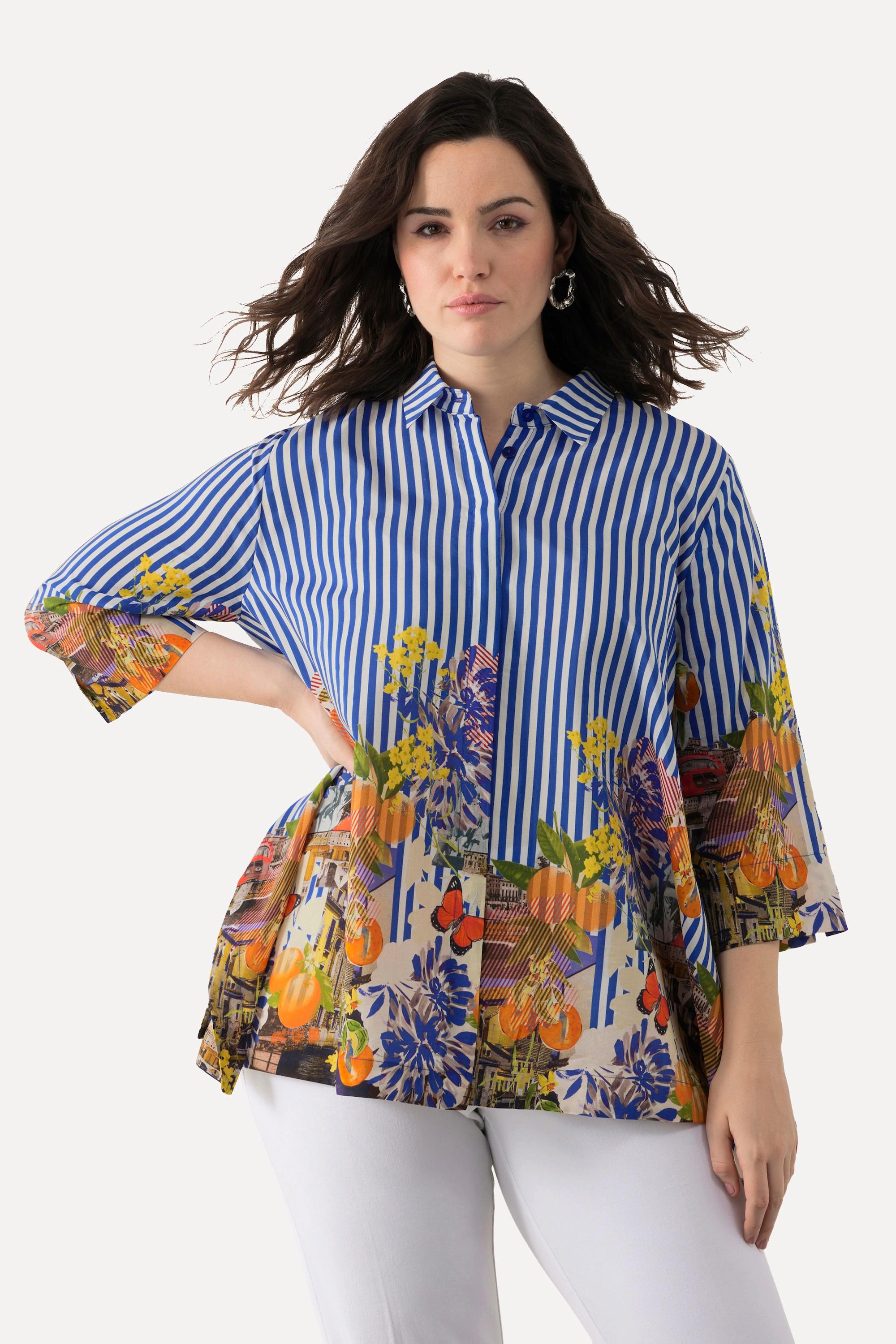 Ulla Popken  Blusa dal taglio oversize con righe, collo da camicia e maniche a 3/4 