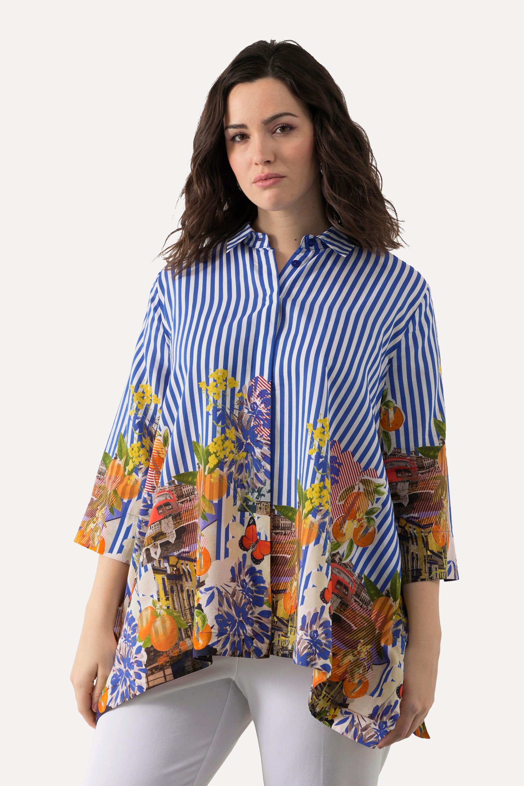 Ulla Popken  Blusa dal taglio oversize con righe, collo da camicia e maniche a 3/4 