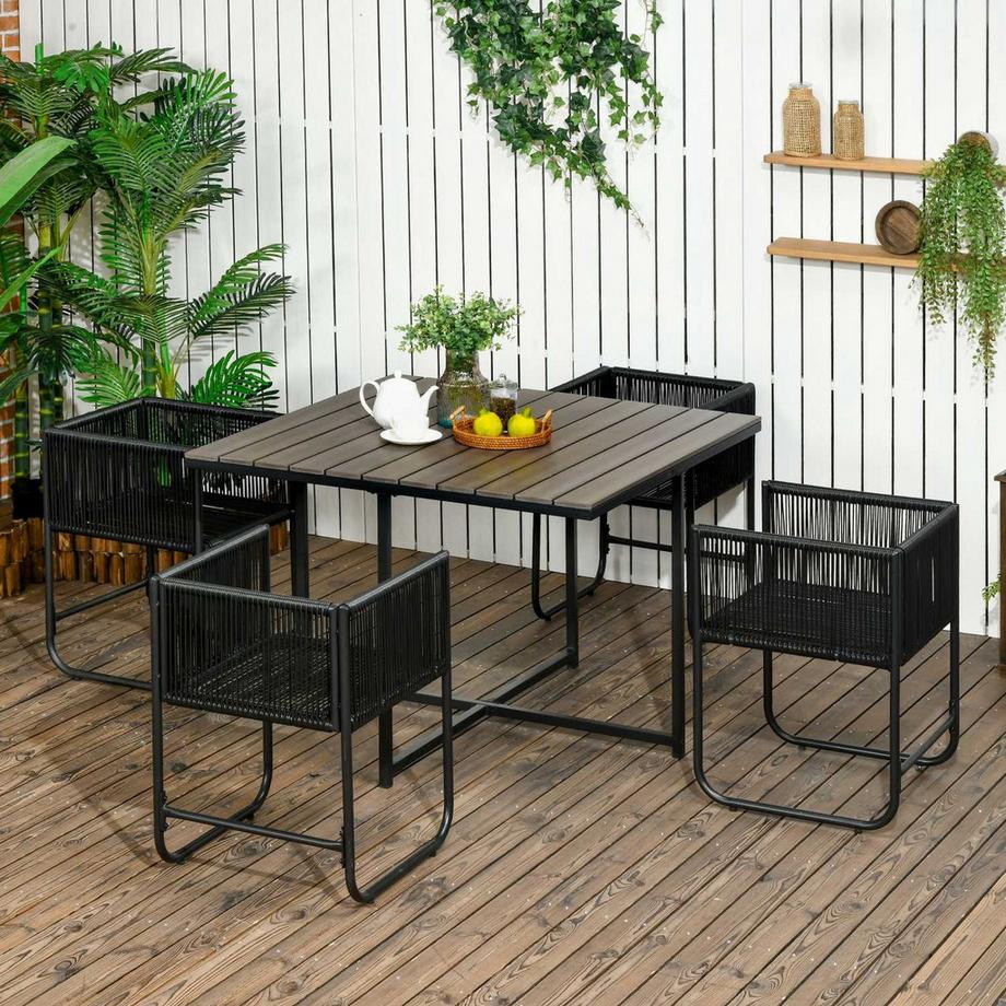 Northio 5-tlg Polyrattan Gartenmöbel Set Esstisch mit 4 Stühlen und Beistelltisch, stilvolle Essgruppe für Balkon und Garten  