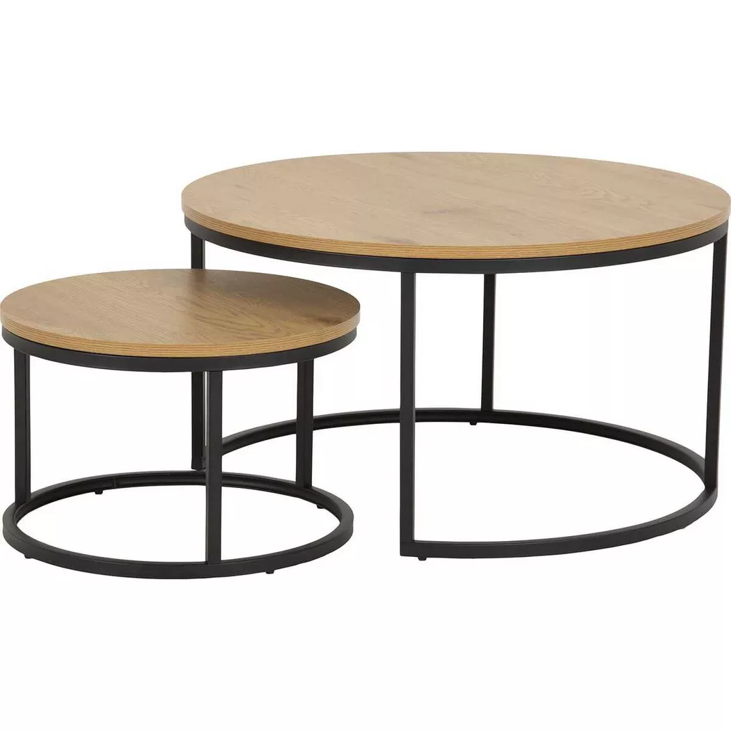 Spiro Round Coffee Table Set with Oak Top & Black Legs, none