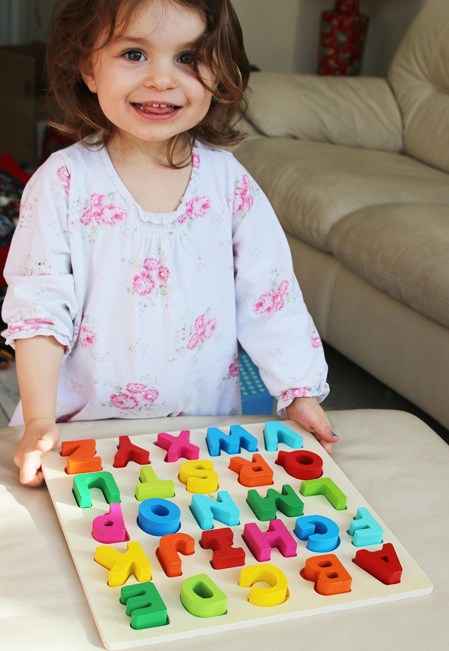 Activity-board  Alphabetisches Holzspielzeug für Kleinkinder - Spielbrett mit großen Buchstaben und englischen Vokabeln - Holzpuzzle 