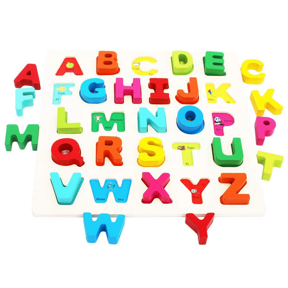 Activity-board  Alphabet en bois pour les tout-petits - plateau de jeu avec grandes lettres et vocabulaire anglais - puzzle en bois 
