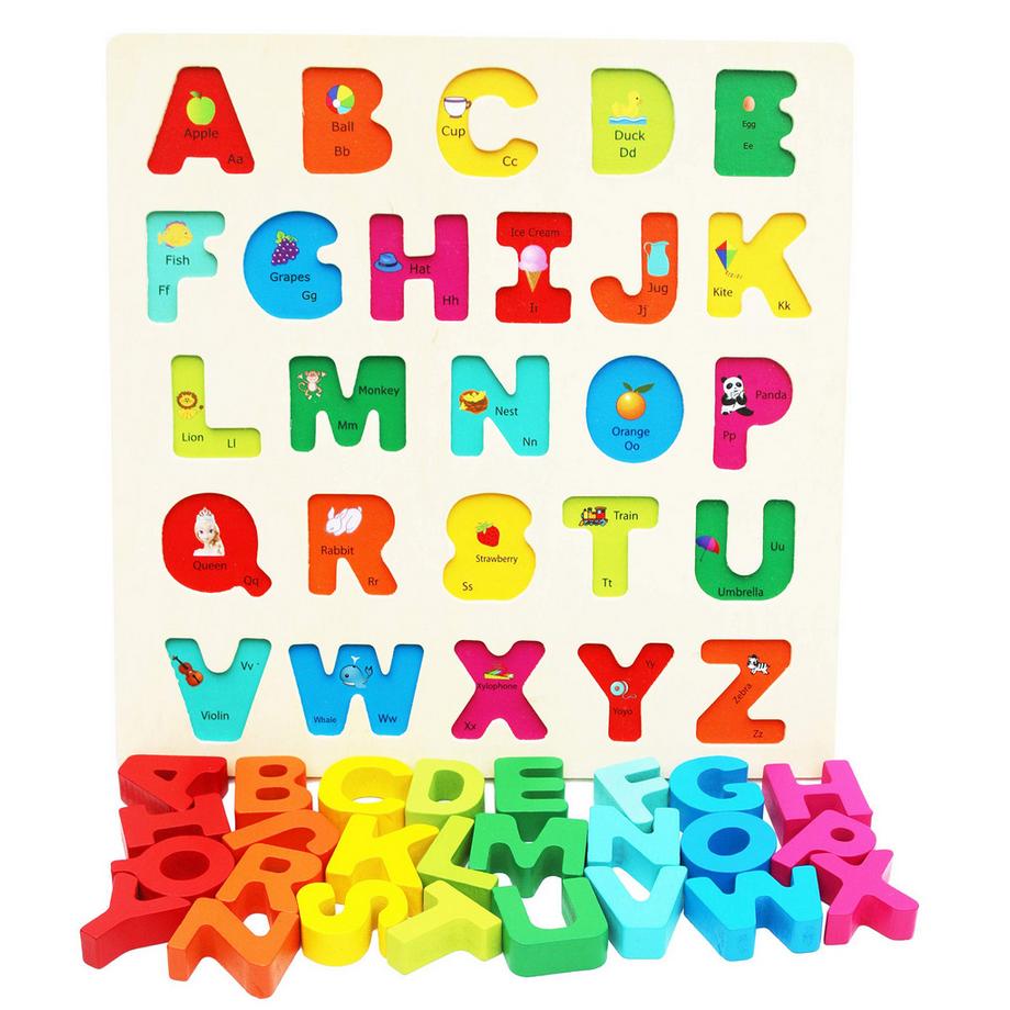 Activity-board  Alphabet en bois pour les tout-petits - plateau de jeu avec grandes lettres et vocabulaire anglais - puzzle en bois 
