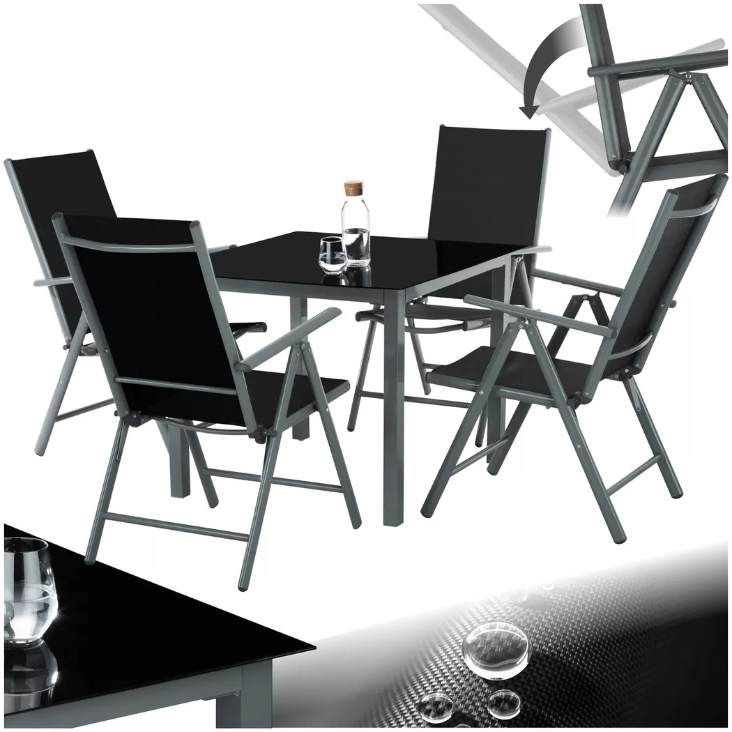 tectake® Aluminium Sitzgruppe, wetterfest und UV-beständig, atmungsaktives Textilene-Gewebe, Tisch mit Sicherheitsglasplatte und Ausgleichsschrauben