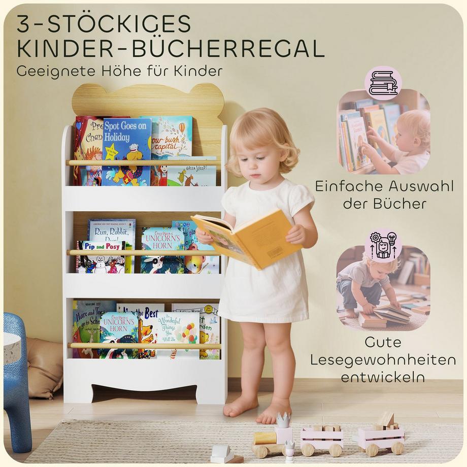 Northio Bücherregal für Kinder Kinderregal mit 3 Ablagen Aufbewahrungsregal aus Holz 55x15x110cm Weiß  