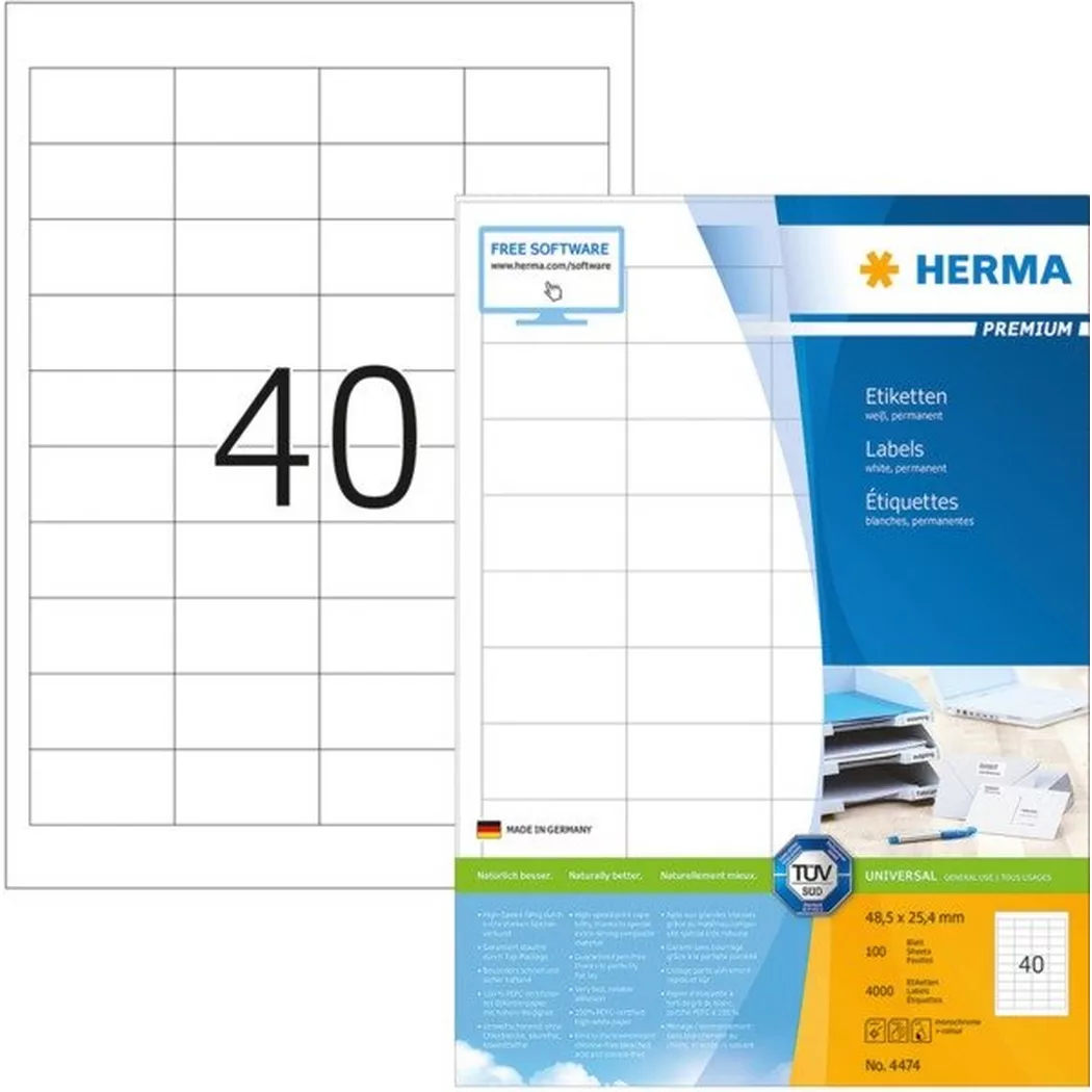 HERMA – Etiketten Premium 48,5×25,4mm 4474 weiss 4000 Stück, One Size