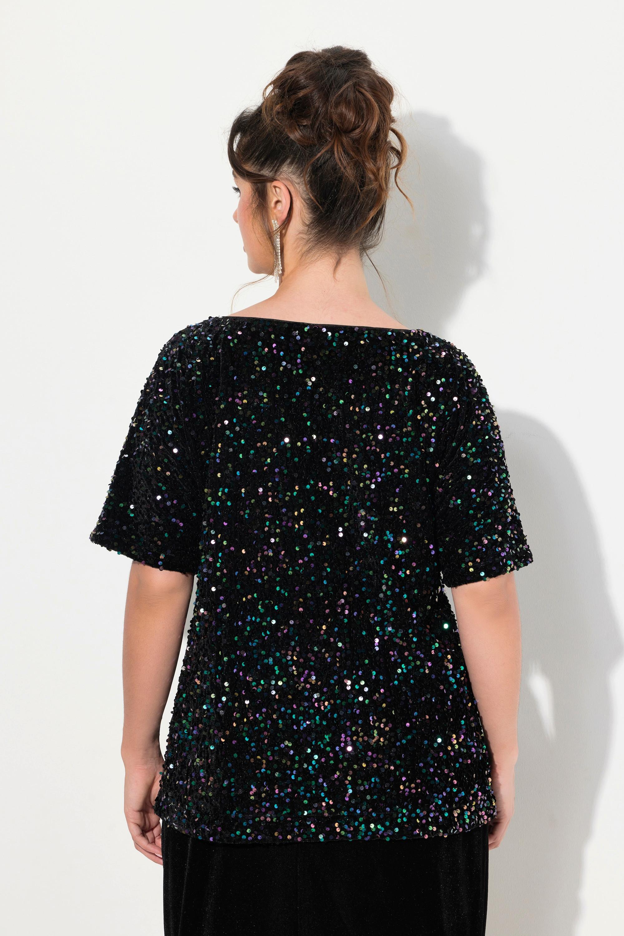 Ulla Popken  Blouse en velours à paillettes, col rond et manches courtes 