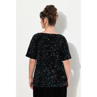 Ulla Popken  Blouse en velours à paillettes, col rond et manches courtes 