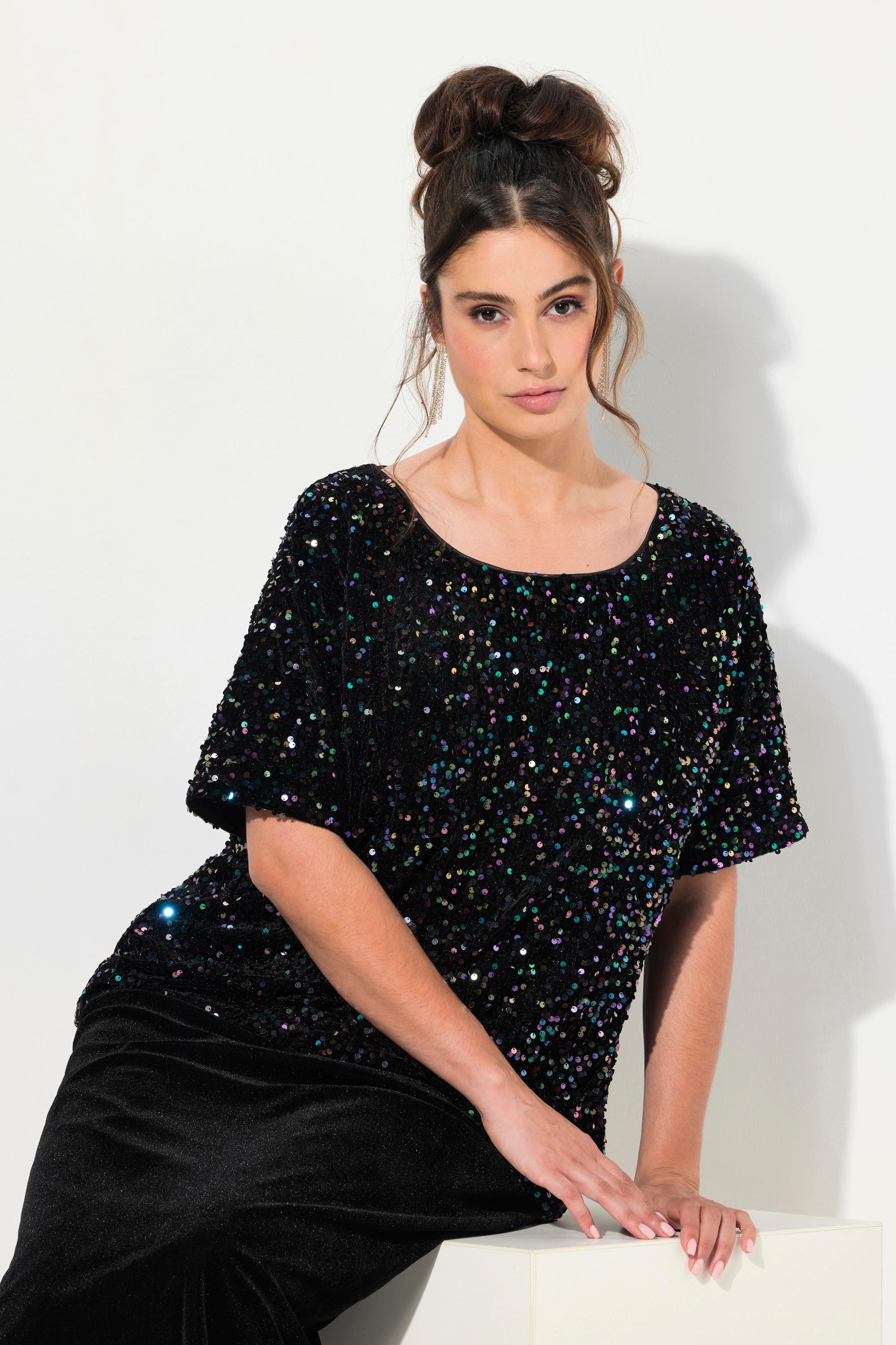 Ulla Popken  Blouse en velours à paillettes, col rond et manches courtes 