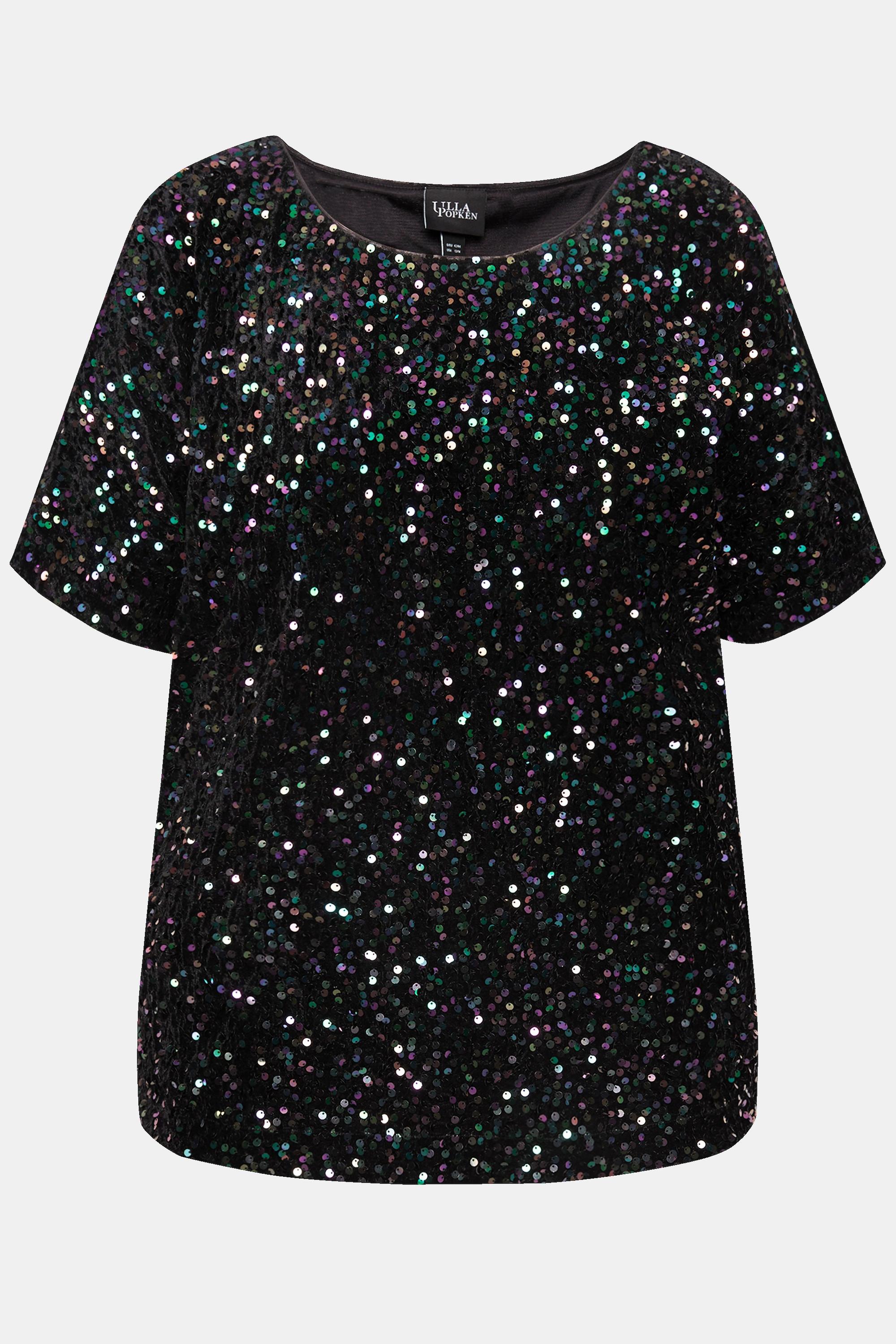 Ulla Popken  Blouse en velours à paillettes, col rond et manches courtes 