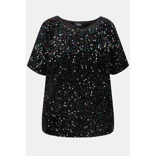 Ulla Popken  Blouse en velours à paillettes, col rond et manches courtes 