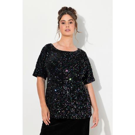 Ulla Popken  Maglia in velluto con paillettes, scollo a girocollo e mezze maniche 