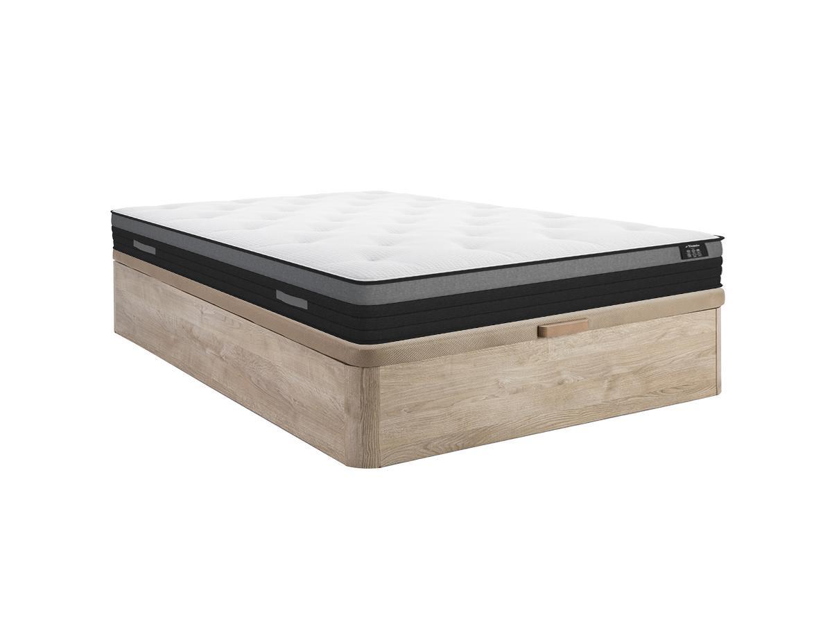 Image of Set aus Bettgestell mit Bettkasten + Taschenfederkernmatratze mit atmungsaktivem Streifen - 160 x 200 cm - Stärke 23 cm - Holzfarben hell - AIRPLAY von YSMÉE Set aus Bettgestell mit Bettkasten + Taschenfederkernmatratze mit atmungsaktivem Streifen - 160 x