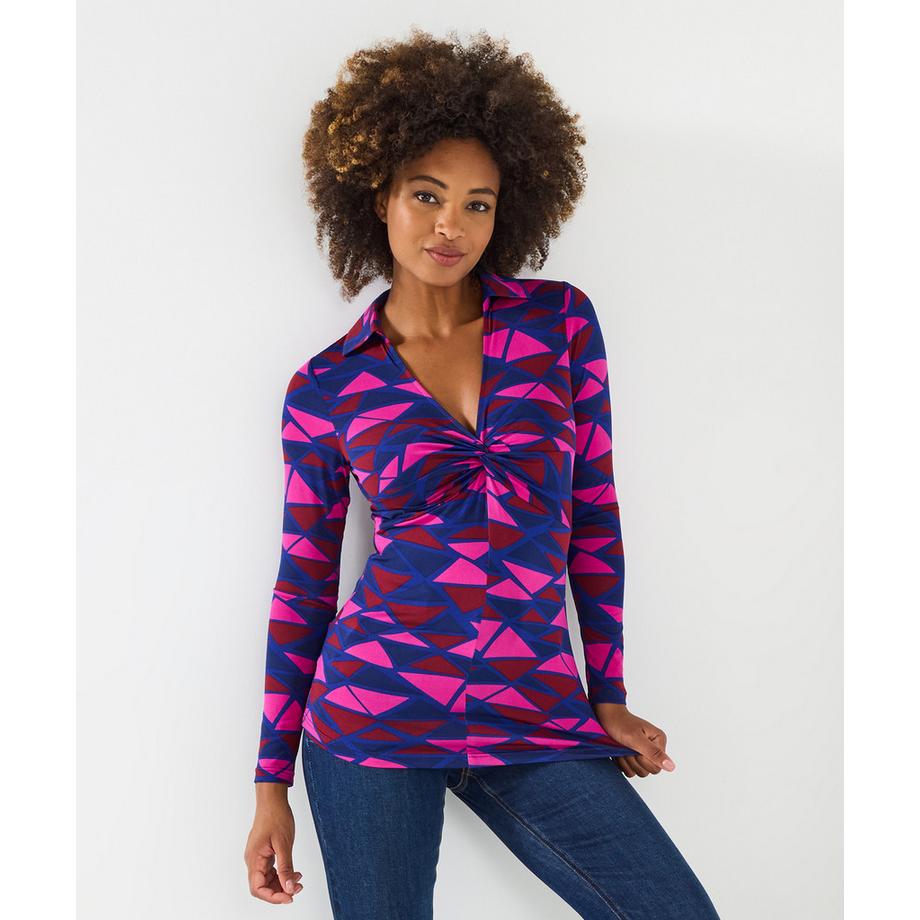 Retro-inspiriertes Jersey-Top mit Geo-Muster und Twistfront