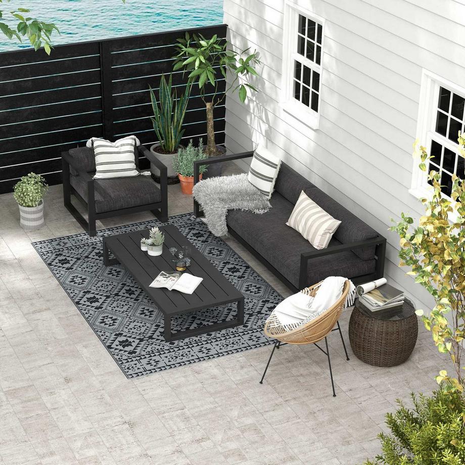 Northio Tapis D'Extérieur, Tapis En Plastique Hydrofuge, Réversible, Pour Camping Et Terrasse, Noir + Gris, 182X274 Cm  