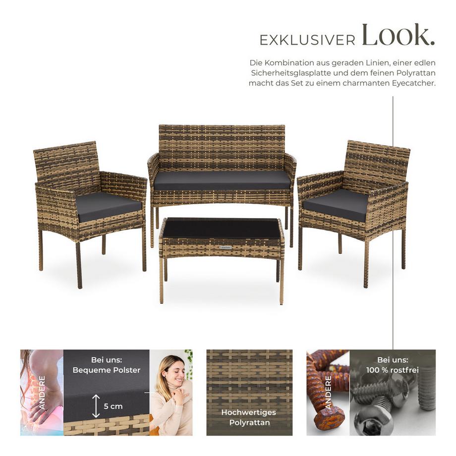 Tectake Rattan Gartenset Palese für 4 Personen wasserabweisende, abnehmbare Polyesterbezüge  