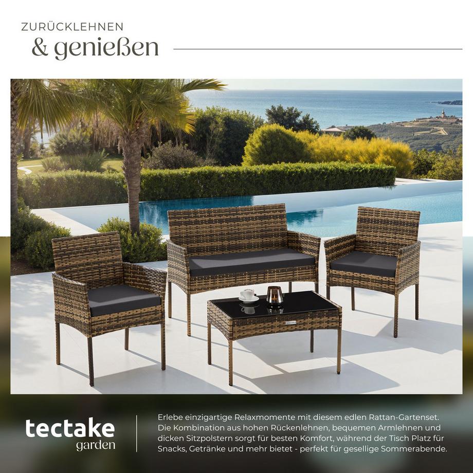 Tectake Rattan Gartenset Palese für 4 Personen wasserabweisende, abnehmbare Polyesterbezüge  
