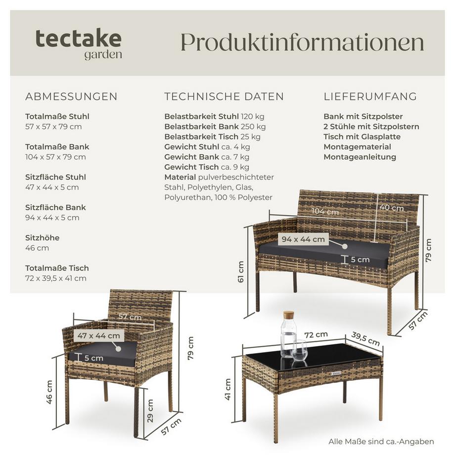 Tectake Rattan Gartenset Palese für 4 Personen wasserabweisende, abnehmbare Polyesterbezüge  