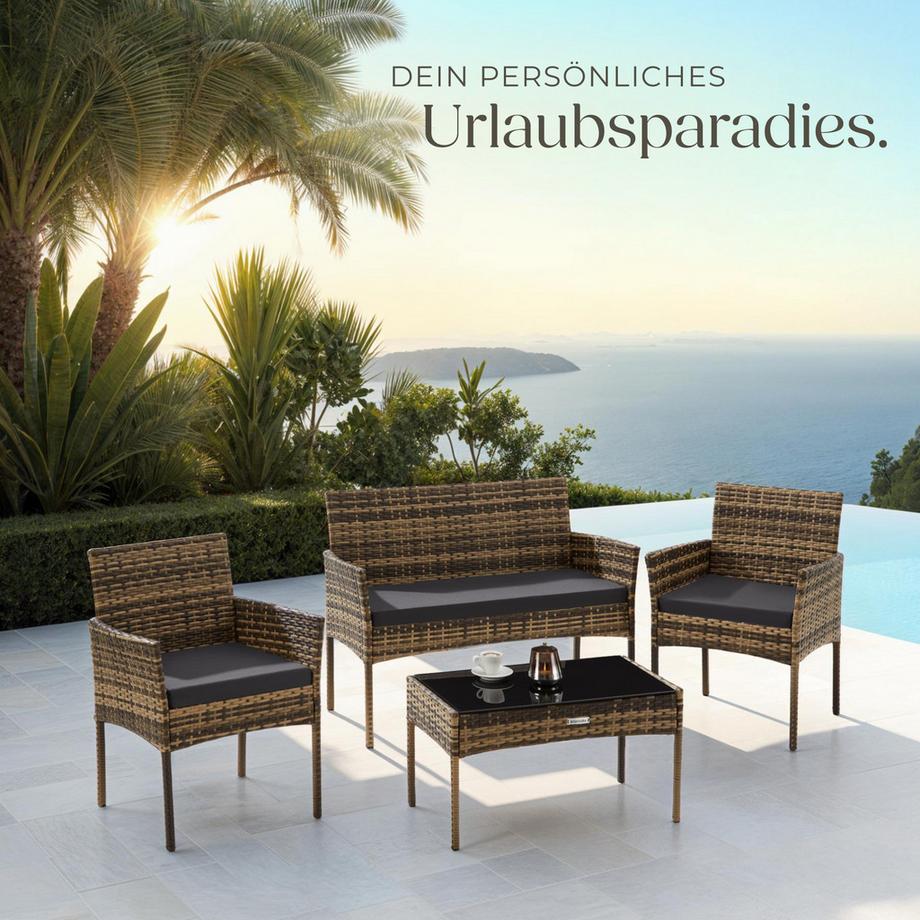 Tectake Rattan Gartenset Palese für 4 Personen wasserabweisende, abnehmbare Polyesterbezüge  