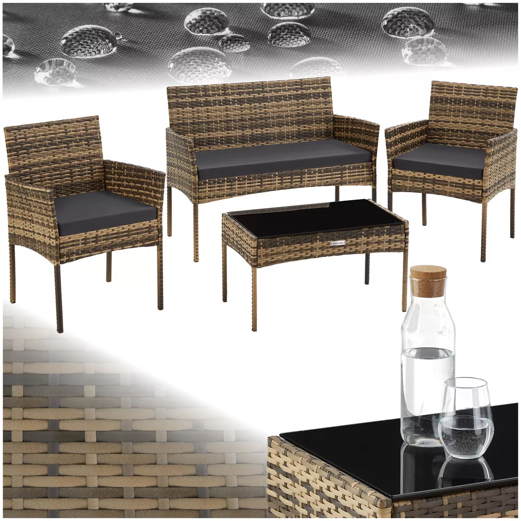 tectake® Rattan Gartenset, für 4 Personen, wetterfestes Rattangeflecht, Sofa 250 kg, je Sessel 120 kg