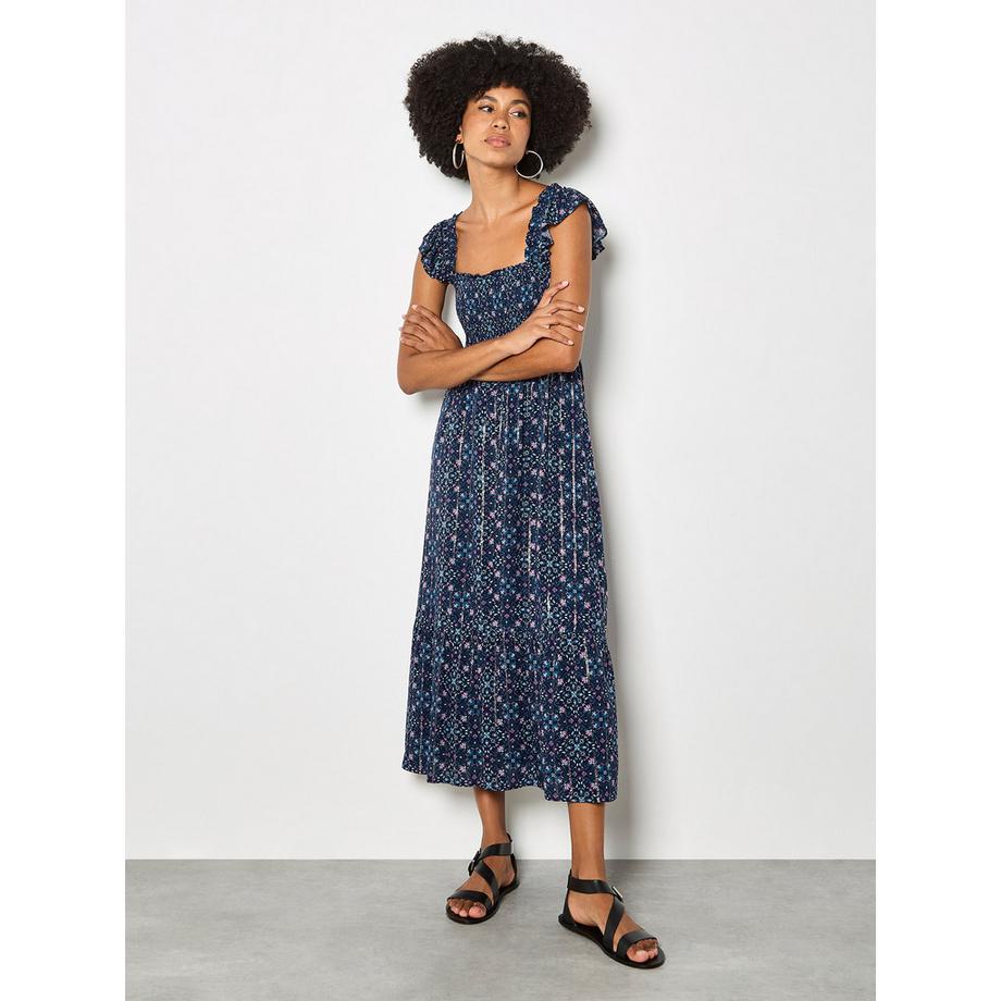 APRICOT Robe Midi Folk Floral Métallique  