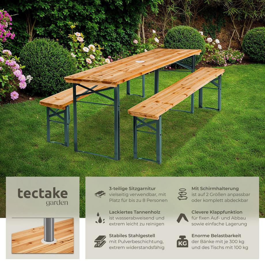 Tectake  Bierzeltgarnitur Ludwig 3-teilig, klappbar, mit Sonnenschirmhalterung Tisch 170 x 46 x 78 cm, Bank 170 x 23 x 47,5 cm, aufsteckbare Kunststoffkappen 