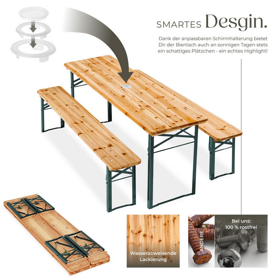 Tectake  Bierzeltgarnitur Ludwig 3-teilig, klappbar, mit Sonnenschirmhalterung Tisch 170 x 46 x 78 cm, Bank 170 x 23 x 47,5 cm, aufsteckbare Kunststoffkappen 