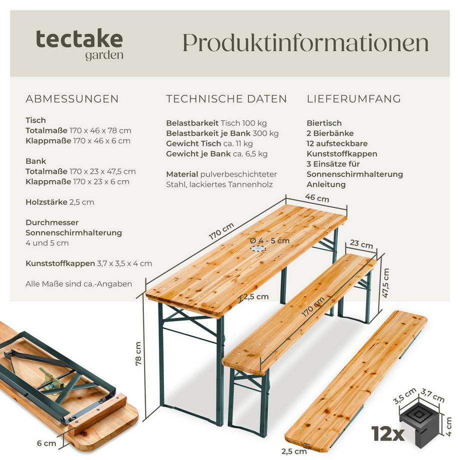 Tectake  Bierzeltgarnitur Ludwig 3-teilig, klappbar, mit Sonnenschirmhalterung Tisch 170 x 46 x 78 cm, Bank 170 x 23 x 47,5 cm, aufsteckbare Kunststoffkappen 