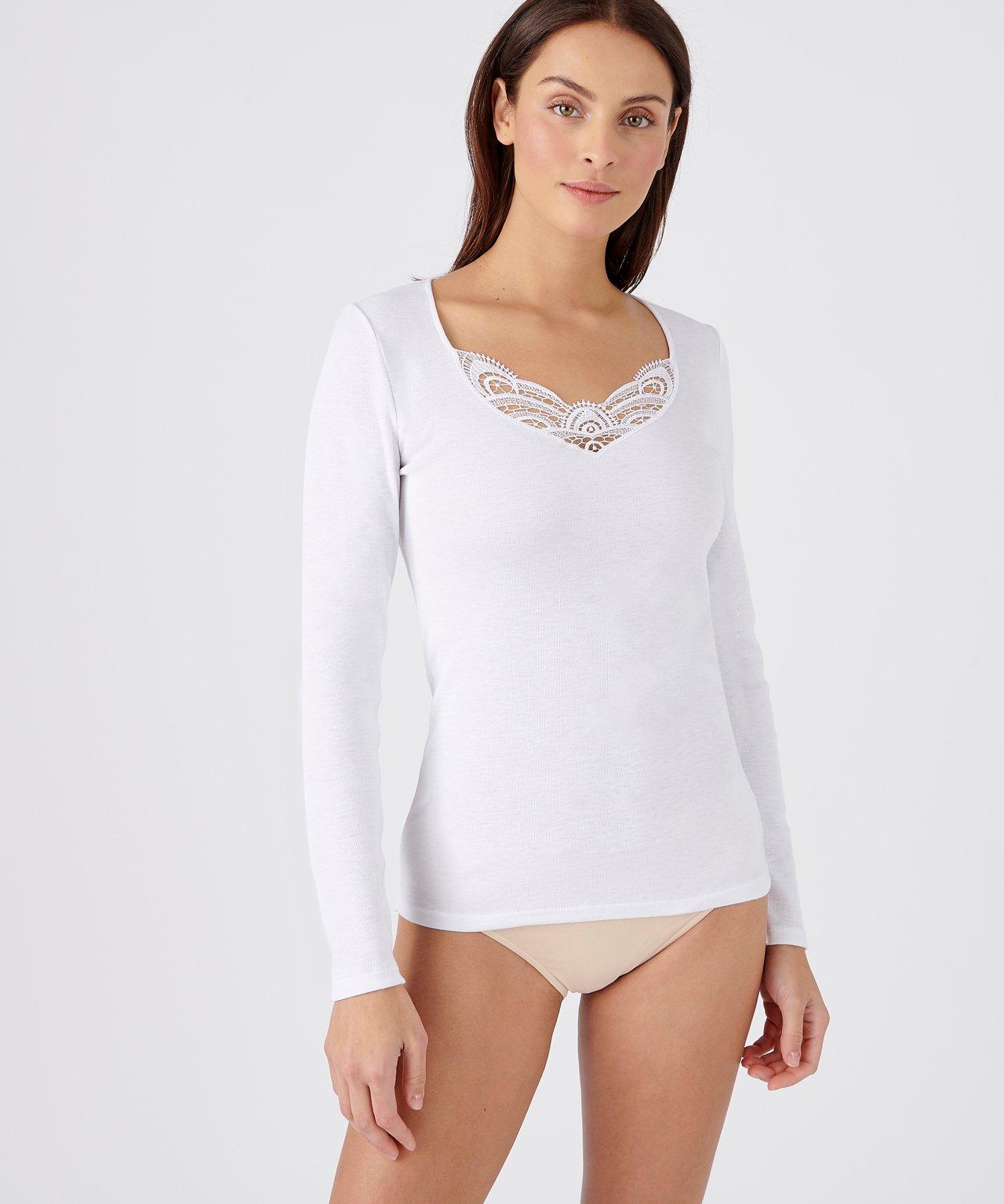 Image of Langärmeliges Shirt Mit Gipüre-spitze, Wärmegrad Medium 3. Damen Weiss 54/56