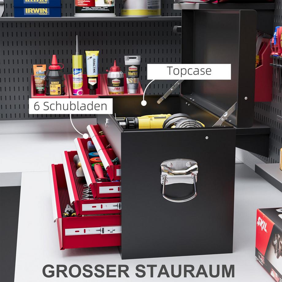 Northio Werkzeugkasten Werkzeugkoffer 6 Schubladen Schloss Werkzeugbox Griff Werkzeugkiste Stahl Rot+Schwarz 60X26X34Cm  