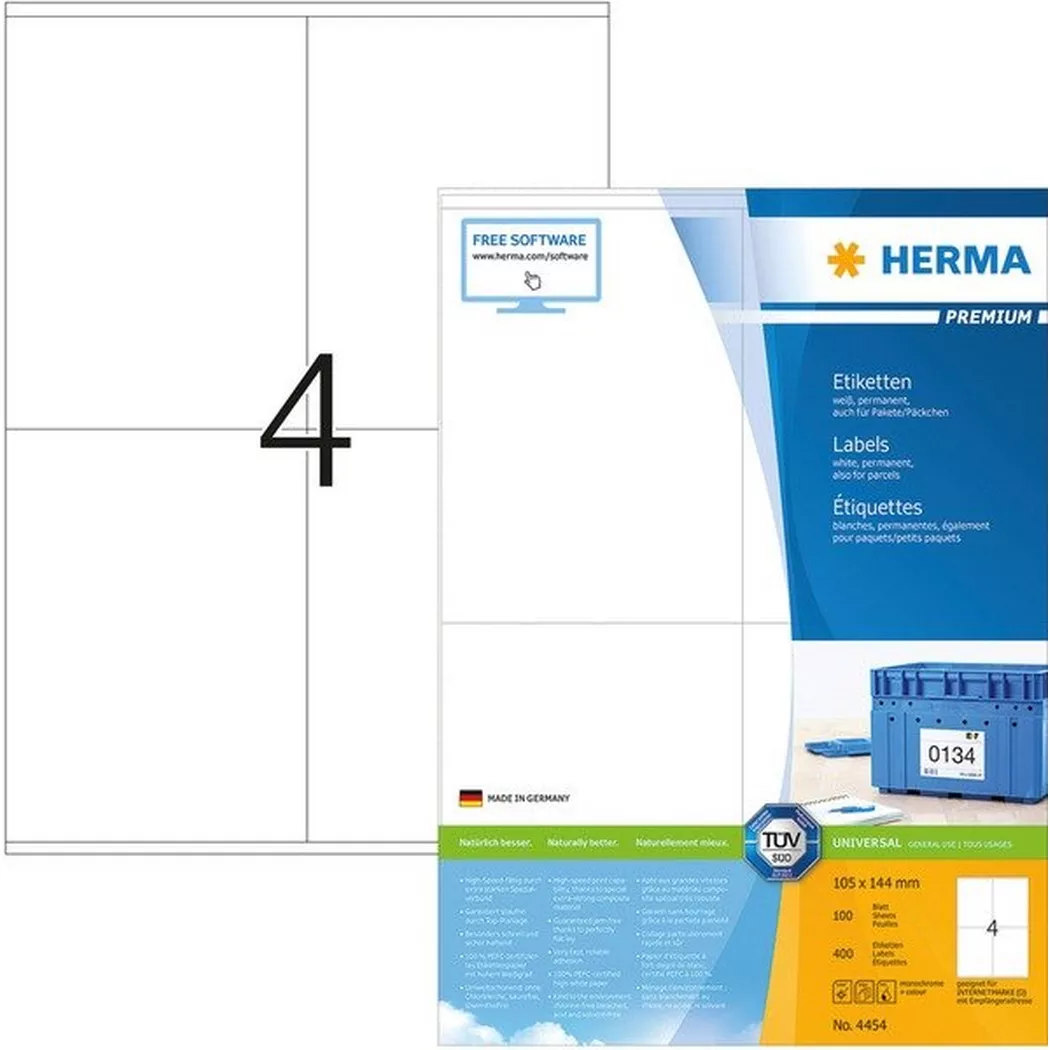 HERMA – Universal-Etiketten 105x144mm 4454 weiss 400 St./100 Blatt, One Size