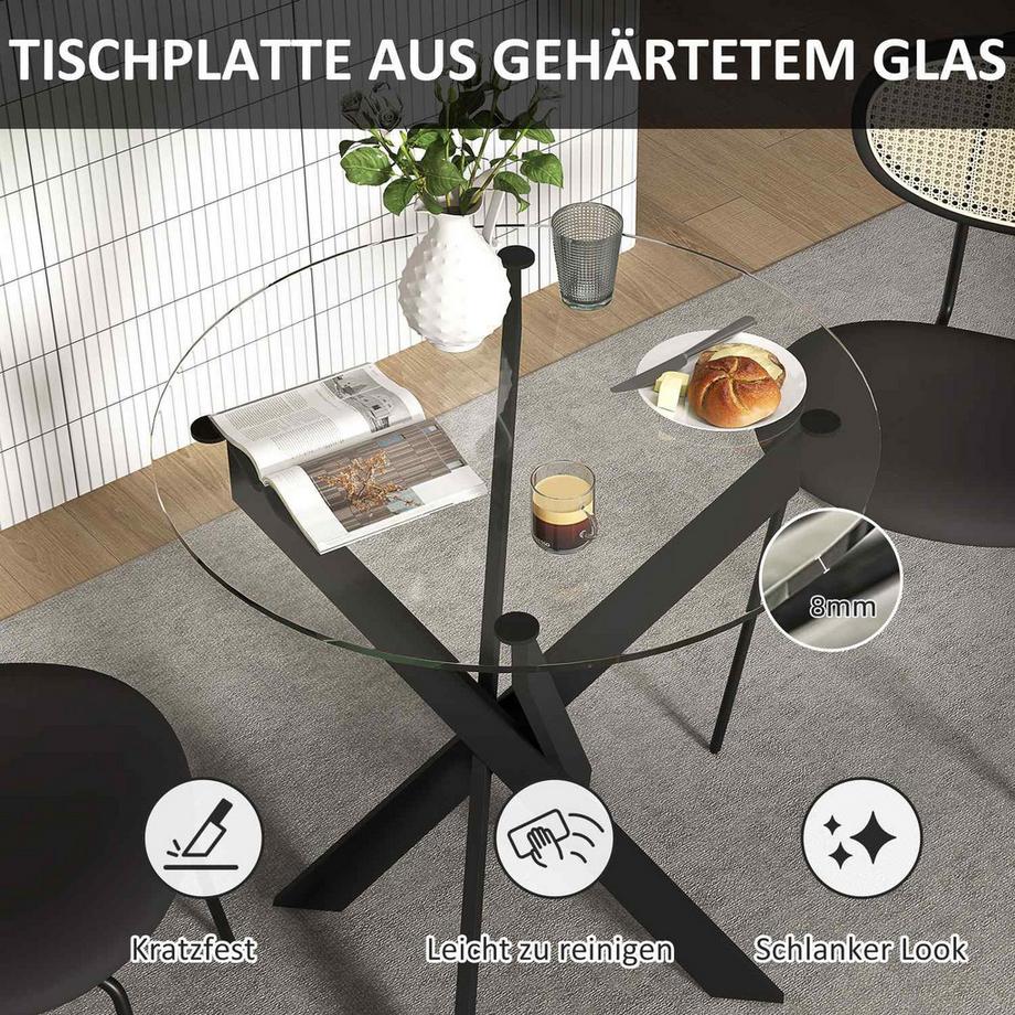 Northio Tavolo da pranzo, tavolo da cucina rotondo per 4 persone, tavolo da pranzo con gambe in acciaio, piano in vetro temperato, per sala da pranzo, cucina, Ø70 x 75 cm, design moderno, nero+trasparente  